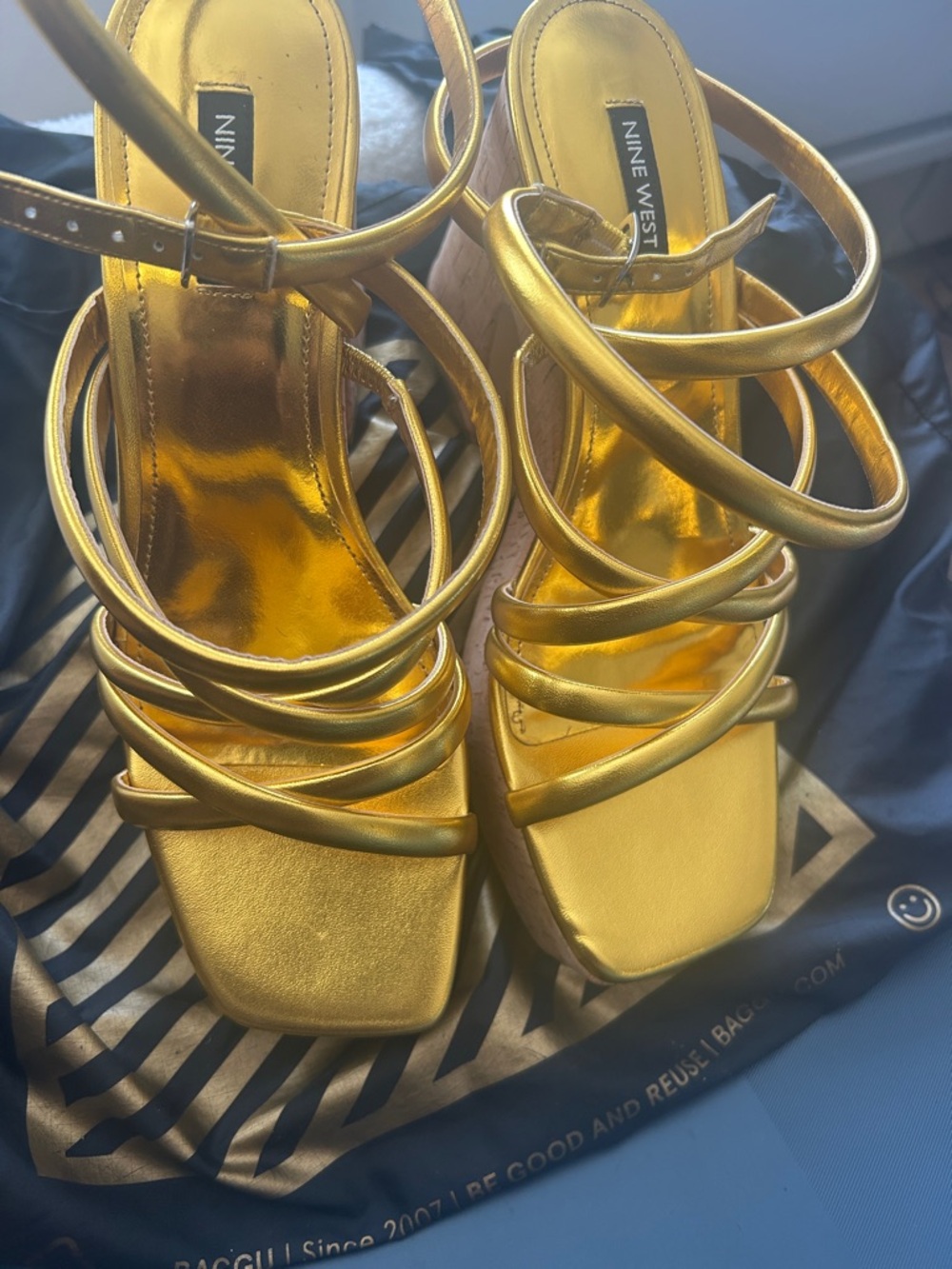 Nine West Gold Multi-Strap Block Heel Sandals